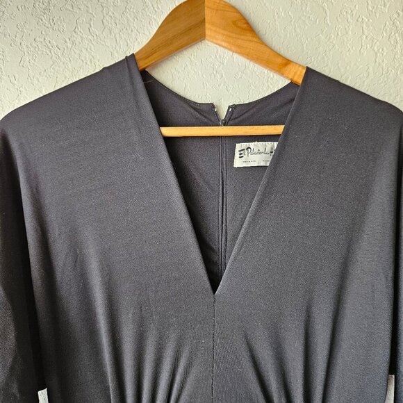 Vintage 70s 80s Black Polyester Disco Jumpsuit M Open Leg High Slit V-neck - Picture 3 of 8